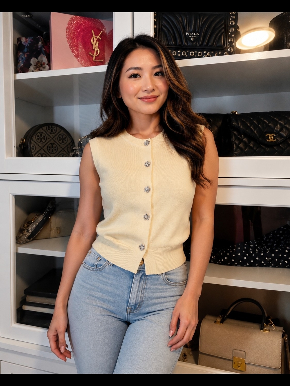 Sleeveless Crewneck Button Front Tank Top - Pale Yellow